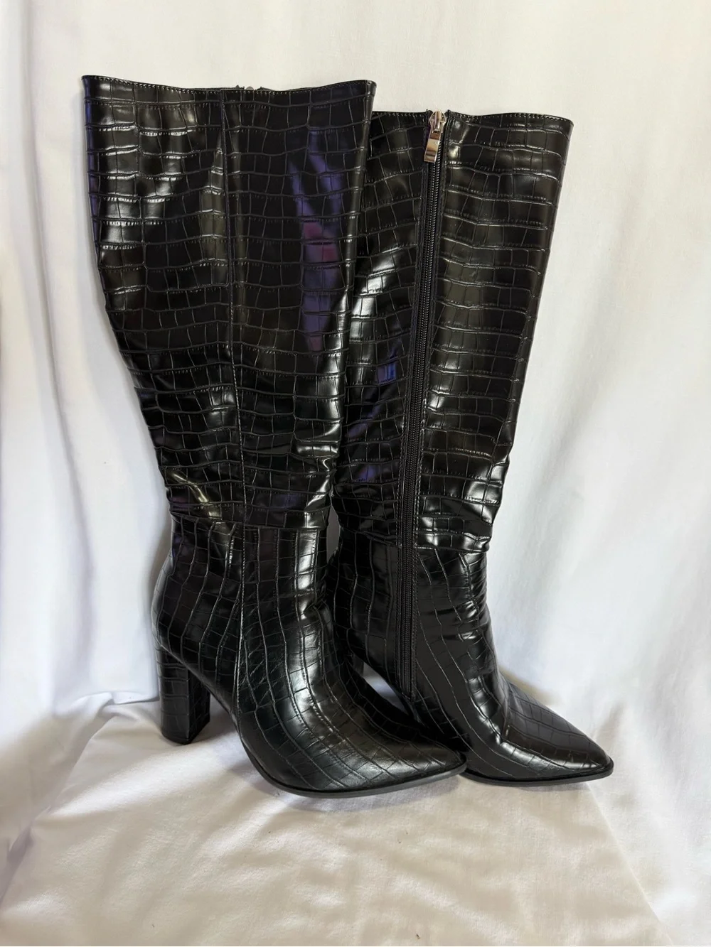 Black Croc-Embossed Over-the-Knee Heeled Boots